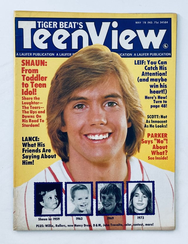 Cover of Tiger Beat's Teen View Magazine May 1978 featuring Shaun Cassidy and Leif Garrett, highlighting teen idol culture with colorful graphics.