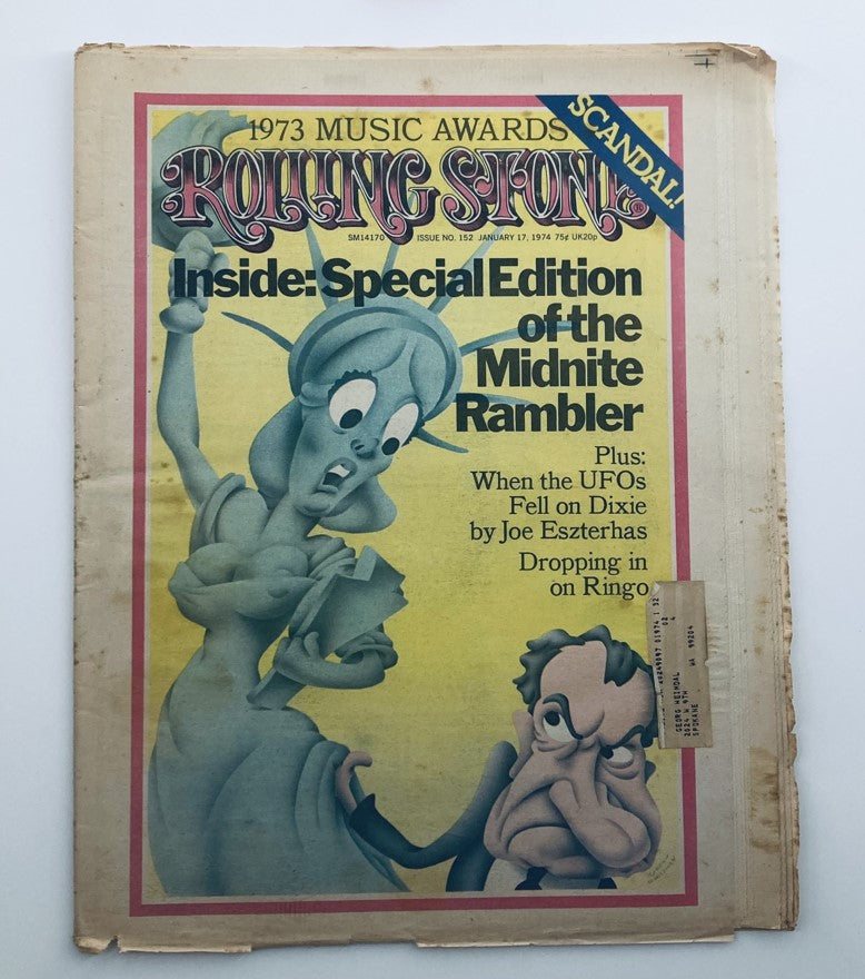 Vintage Rolling Stone Magazine cover from January 17, 1974, featuring the title 'Dropping in on Ringo', illustrating a caricature of Ringo Starr and Lady Liberty with text about music awards.