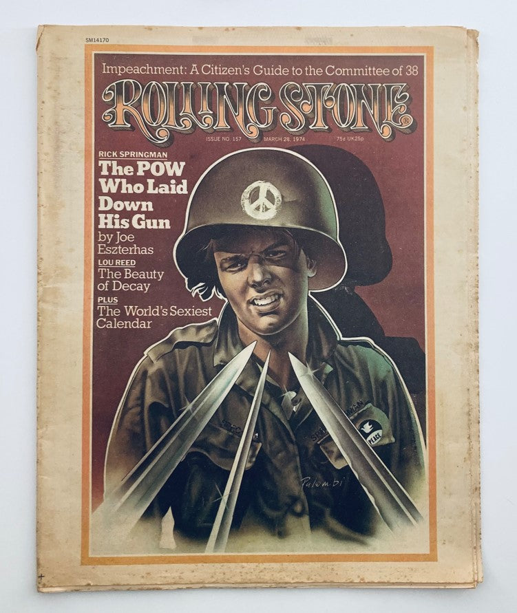 Vintage Rolling Stone Magazine cover from March 28, 1974, Issue No. 157 featuring striking artwork titled 'The Beauty of Decay.' The cover depicts a soldier with a peace sign and highlights cultural themes of the early 1970s.
