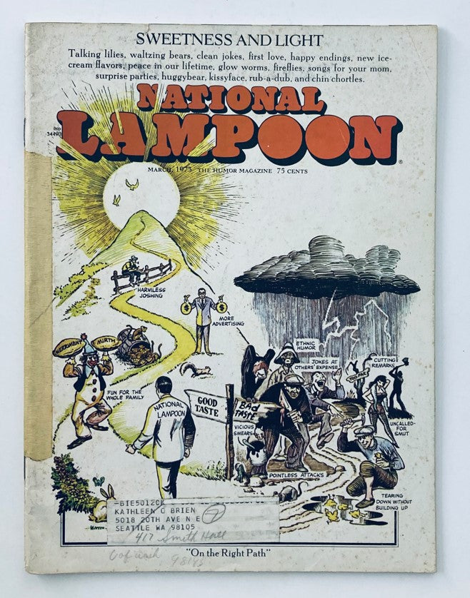 Cover of Vintage National Lampoon Magazine from March 1973 featuring articles "Sweetness and Light" and "Angels in Crewcut." The cover art showcases whimsical illustrations and satirical humor typical of the era.