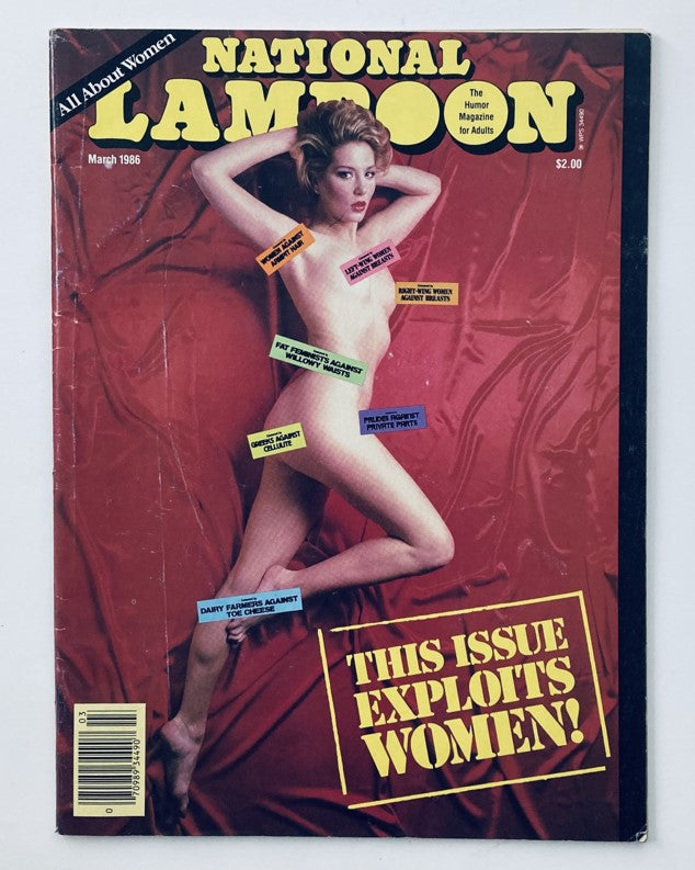 Vintage National Lampoon Magazine March 1986 Edition Cover featuring a woman in a provocative pose with text highlighting featured articles, including 'Greeks Against Cellulite'.