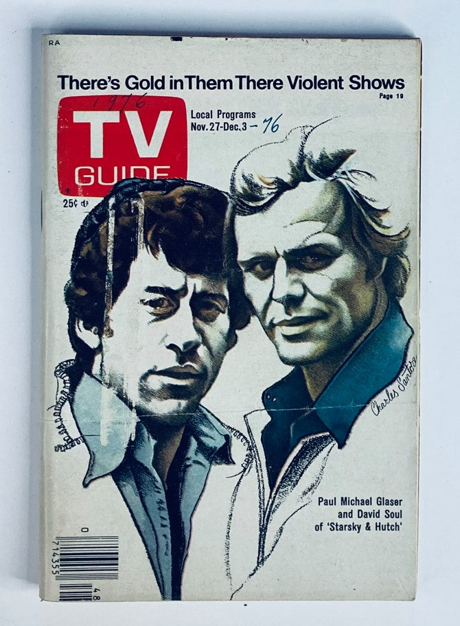 Cover of TV Guide Magazine from November 27, 1976, issue #1235 featuring David Soul and Paul Michael Glaser from 'Starsky & Hutch', showcasing vintage television programming.