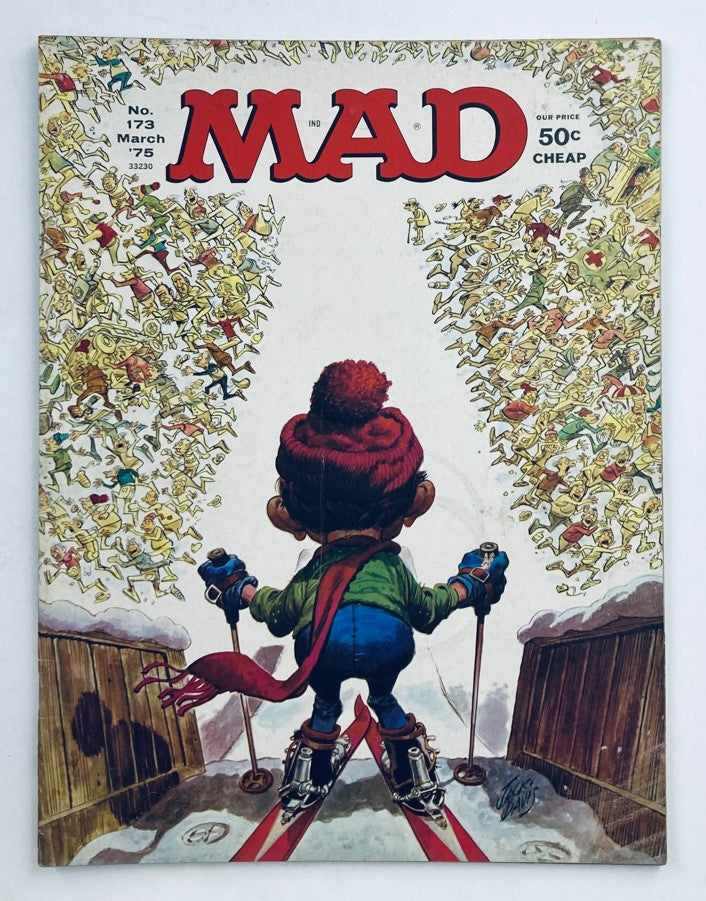 Cover of Mad Magazine March 1975 No. 173, titled 'Lighter Side of Collecting', featuring a whimsical illustration of a child on skis surrounded by playful and chaotic imagery, showcasing the humor of the mid-1970s.