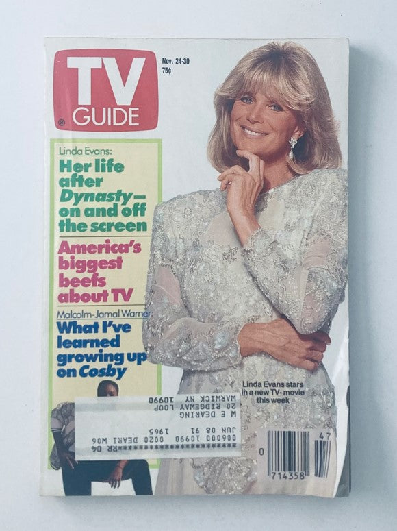 Cover of TV Guide Magazine November 24 1990 featuring Linda Evans and Malcolm-Jamal Warner, showcasing article highlights about TV shows and entertainment.