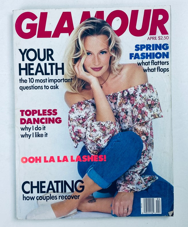 Glamour Magazine April 1993 cover featuring Estelle Lefebure, showcasing colorful floral off-shoulder top and casual denim styling, accompanied by prominent headlines about health, fashion, and relationships.