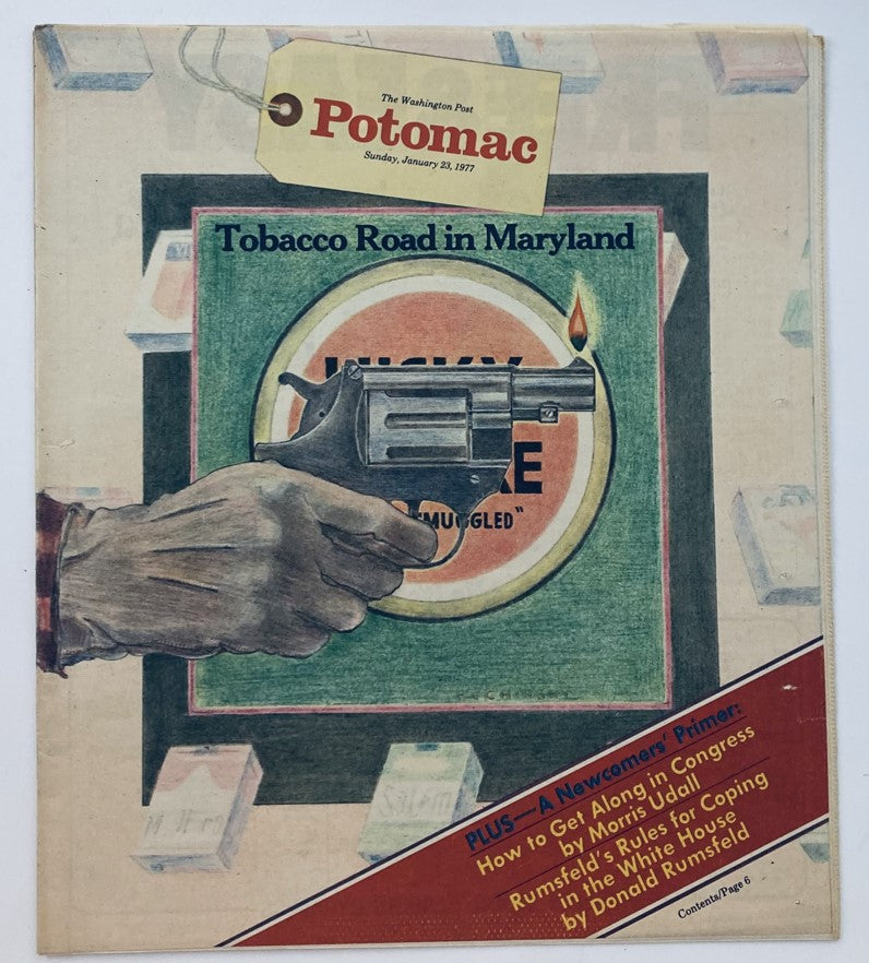 Cover page of VTG Washington Post Potomac Magazine from January 23, 1977. Features an illustration related to 'Tobacco Road in Maryland' with a hand holding a revolver. The title and date are prominently displayed.
