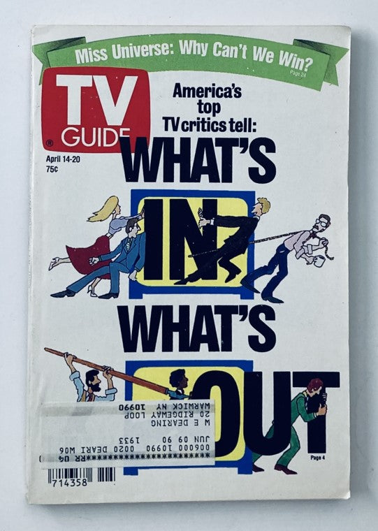 Cover of TV Guide Magazine April 14 1990, featuring the title 'What's In, What's Out' with a colorful cartoon illustration and details of popular TV shows.