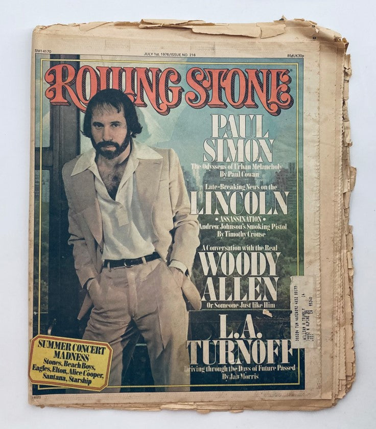 Cover of the VTG Rolling Stone Magazine July 1, 1976 Issue 216 featuring Paul Simon, capturing the essence of 1970s rock music history.
