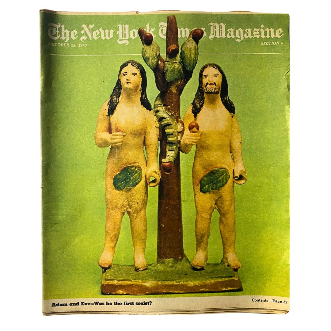 The New York Times Magazine October 25 1970, featuring an iconic cover illustration of Adam and Eve, showcasing two figurines in a garden setting, with leaves for modesty and a tree in the background, symbolizing the themes of creation and societal narratives.