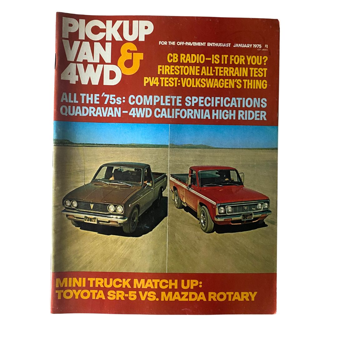Cover of VTG Pickup, Van & 4WD Magazine January 1975 featuring a Mini Truck Match Up between Toyota SR-5 and Mazda Rotary.