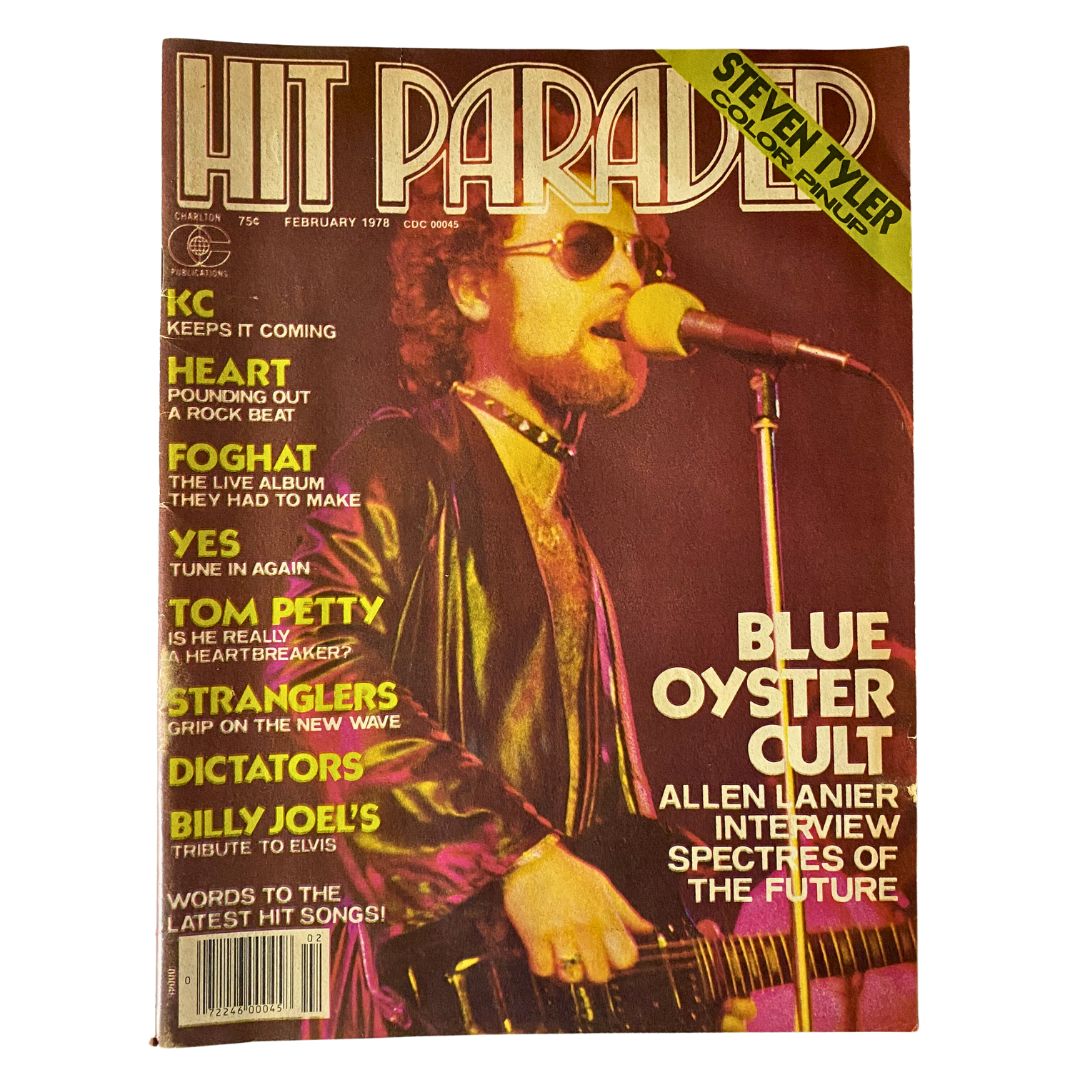 Cover of VTG Hit Parader Magazine February 1978 featuring Blue Oyster Cult, with a bold title and musician on stage, including Steven Tyler color pinup.
