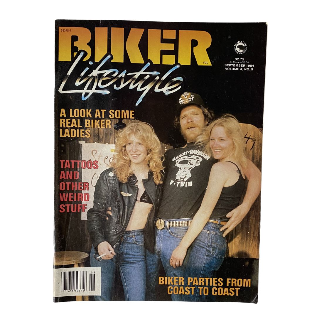 VTG Biker Lifestyle Magazine September 1984 featuring real biker ladies on the cover, showcasing a memorable biker culture with tattoos and classic leather attire.