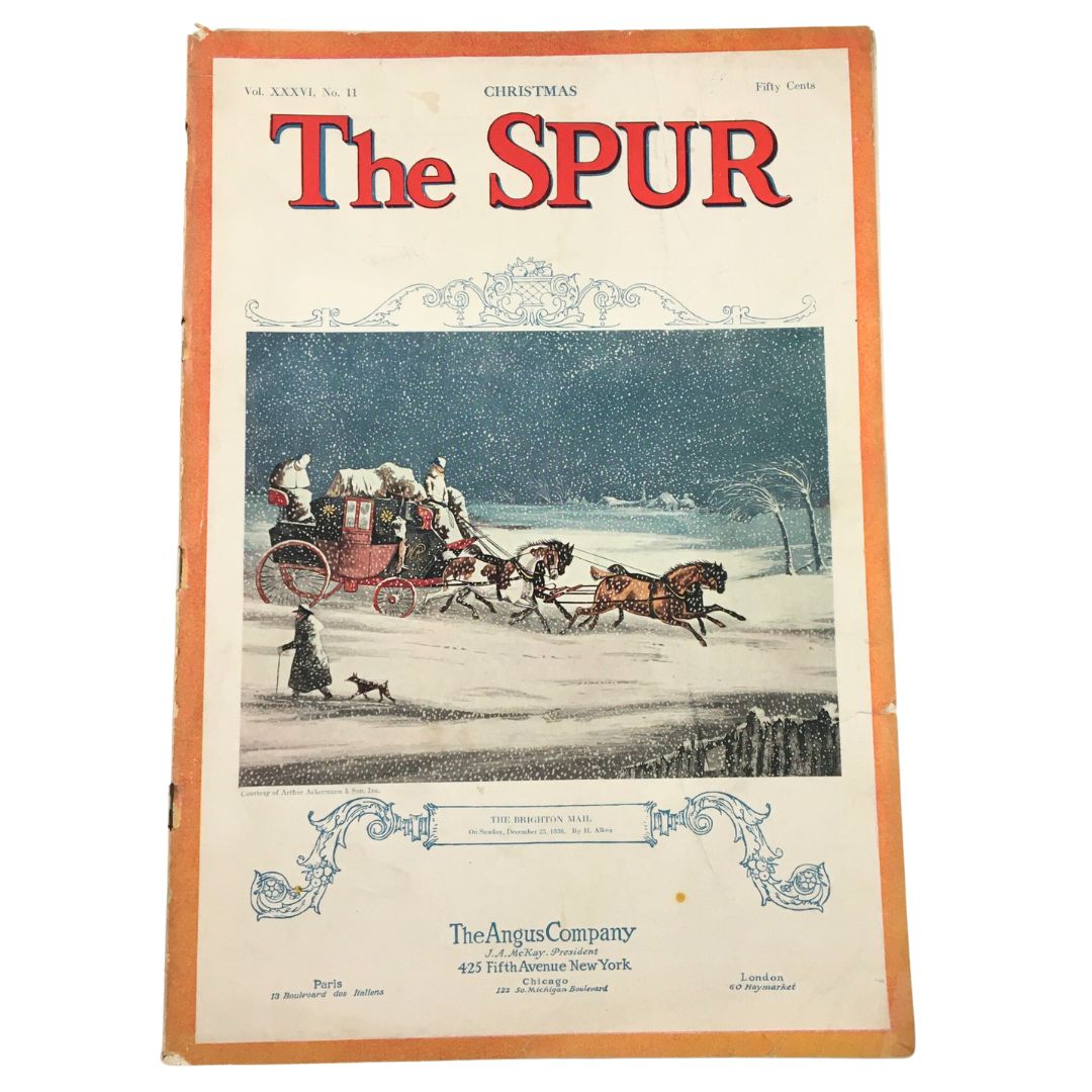 Cover of The Spur Magazine, December 1, 1925, featuring a winter scene with a horse-drawn sleigh in snow, highlighting classic vintage illustrations and historical significance.