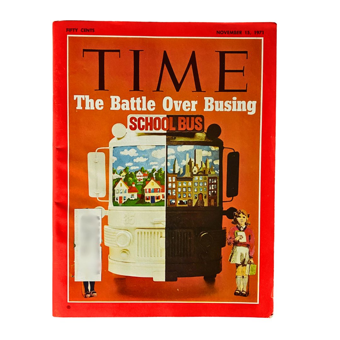 VTG Time Magazine November 15 1971 cover featuring 'The Battle Over Busing' with a split image of a school bus illustrating contrasting neighborhoods.