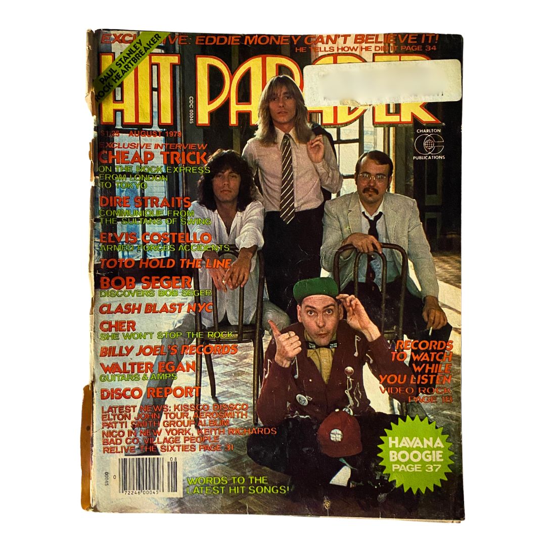 Cover of VTG Hit Parader Magazine August 1979 featuring Cheap Trick and Dire Straits, showcasing the band members and various music articles, with a colorful design and vintage aesthetics.