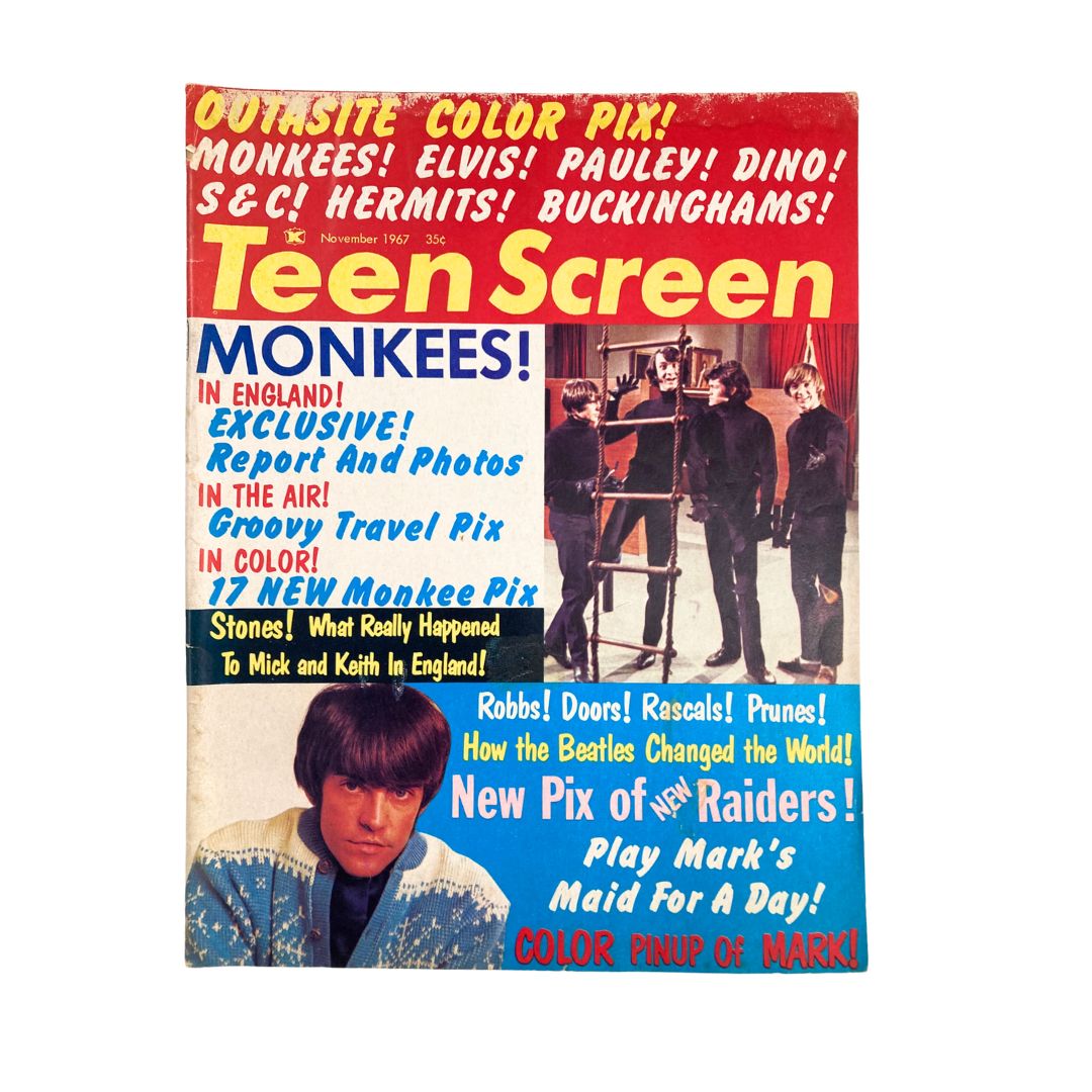 VTG Teen Screen Magazine November 1967 featuring headlines about The Monkees and How The Beatles Changed the World, showcasing a colorful cover with bold text.