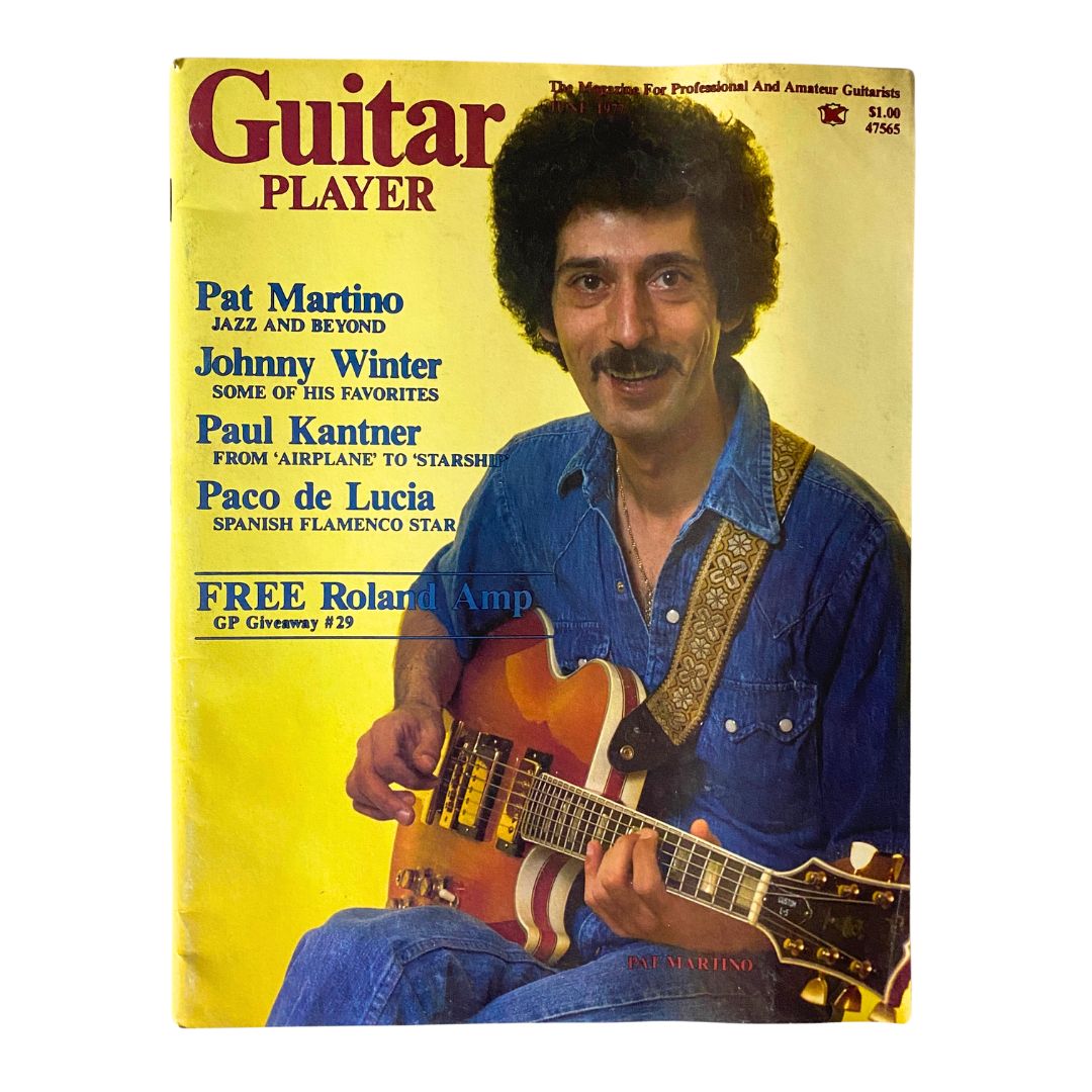 Vintage Guitar Player Magazine from June 1977 featuring Pat Martino, Johnny Winter, Paul Kantner, and Paco de Lucia on the cover—highlighting guitar culture and music legends.
