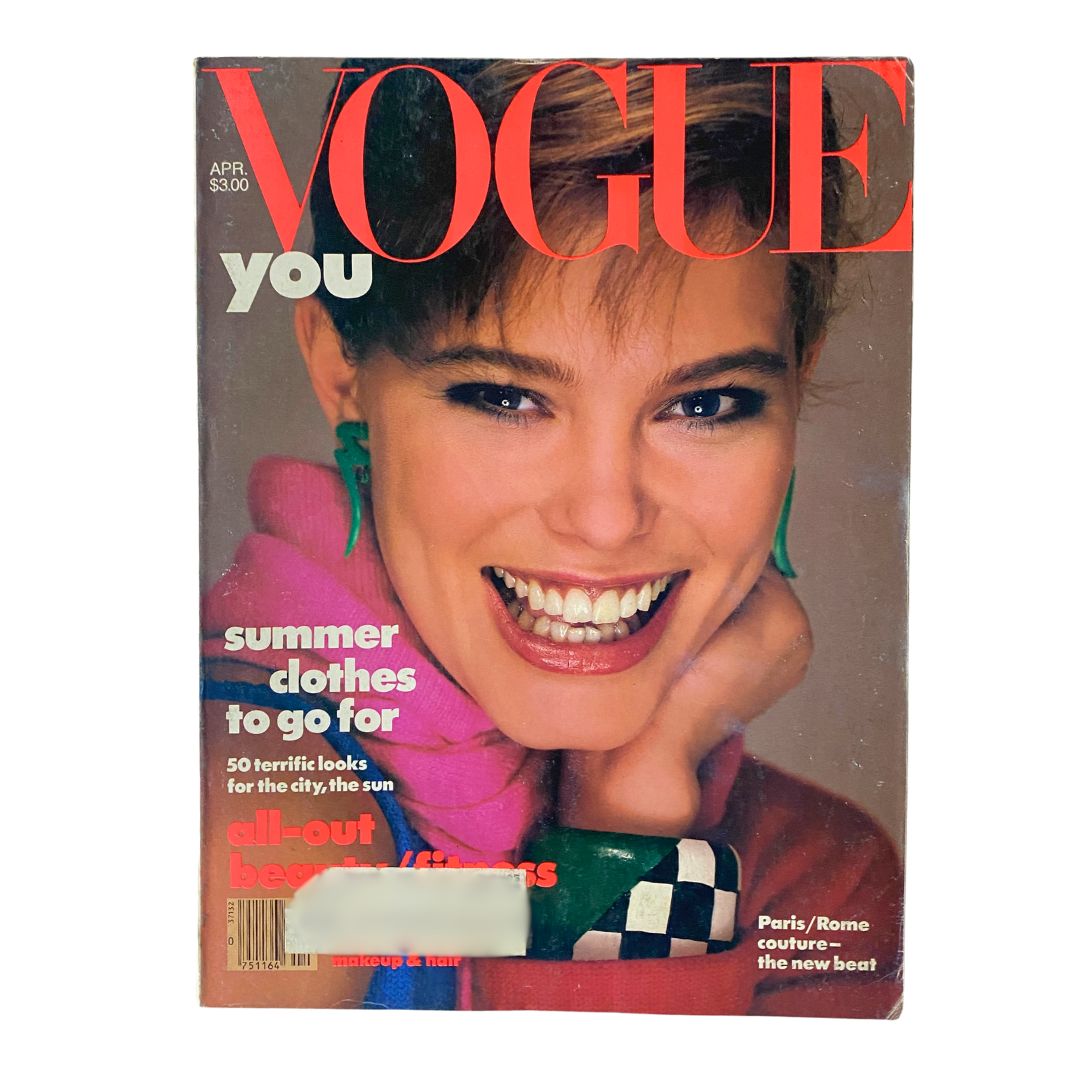 VTG Vogue Magazine April 1984 cover featuring Renée Simonsen photographed by Richard Avedon, showcasing vibrant fashion and beauty trends from the 1980s.