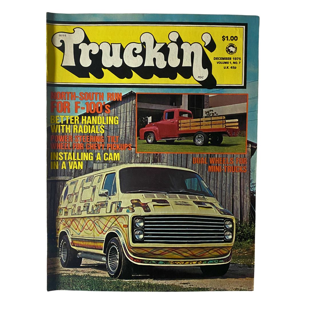 Cover of VTG Truckin' Magazine from December 1975 featuring dual wheels for mini-trucks, with a colorful design and illustrations of vintage trucks.