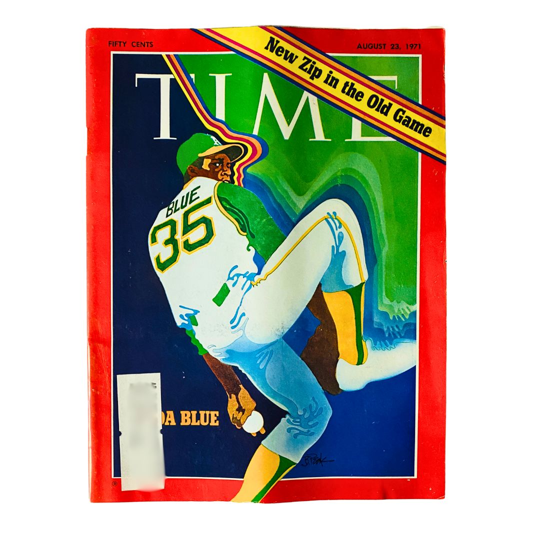 VTG Time Magazine August 23 1971 featuring Vida Blue on the cover, showcasing a colorful illustration celebrating his impact on baseball with the tagline 'New Zip in the Old Game'.
