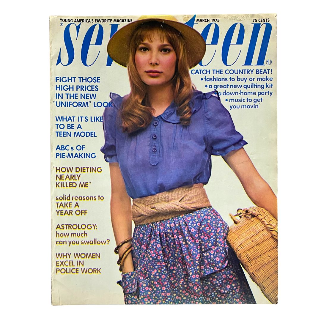 Cover of VTG Seventeen Magazine March 1975 featuring a teen model in stylish 70s fashion, embodying the themes of youth and style.
