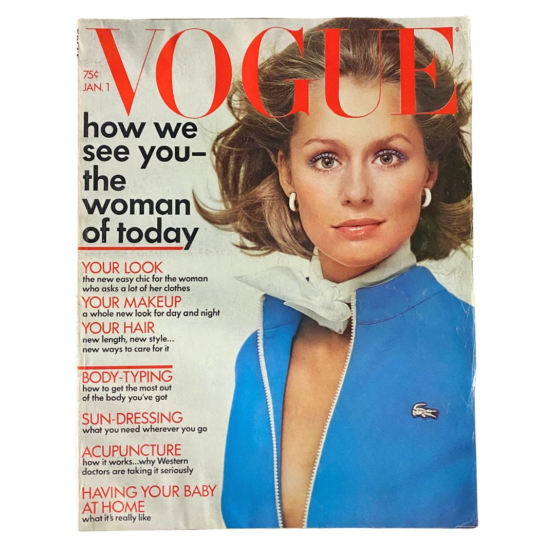 VTG Vogue Magazine January 1, 1972 cover featuring Lauren Hutton, showcasing a fashion-forward design with bold typography and vibrant colors.