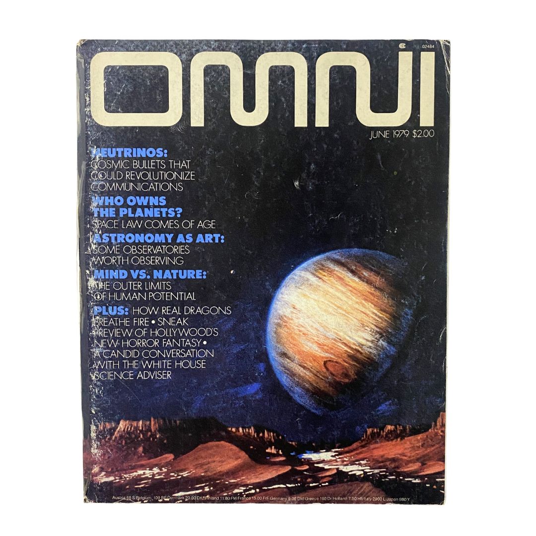 Omni Magazine June 1979 cover featuring the theme 'The Outer Limits of Human Potential', showcasing a colorful illustration of a planet and bold article titles such as 'Neutrinos', 'Who Owns the Planets?', and 'Mind vs. Nature'.