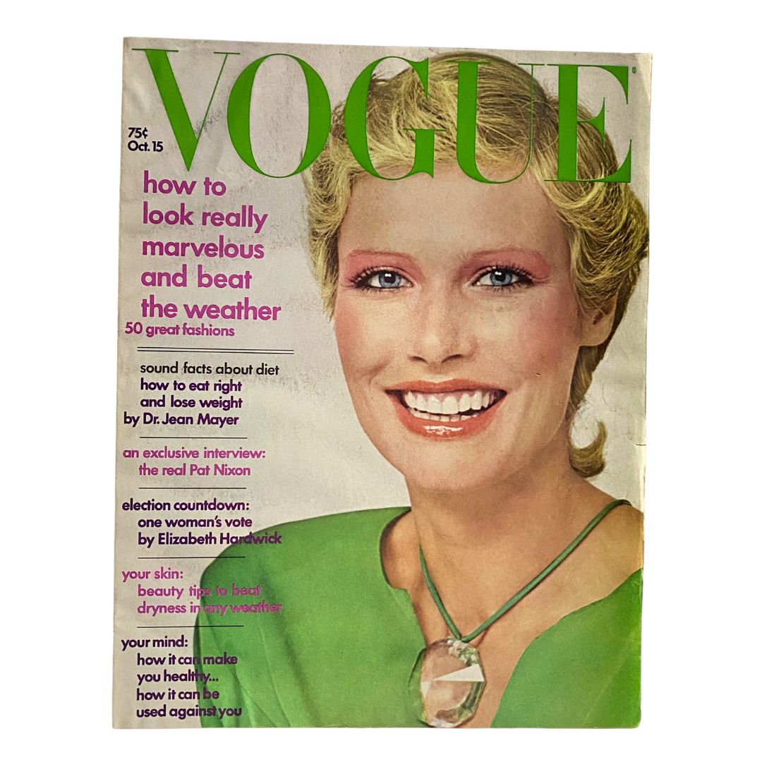 VTG Vogue Magazine October 15 1972 featuring a smiling model in a green outfit, highlighting fashion trends and cultural topics of the era. Captured by Kourken P.