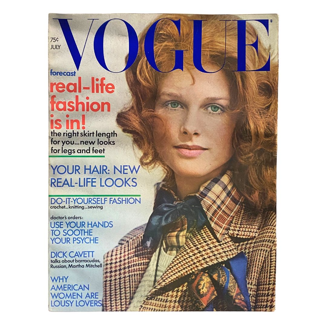 Vintage Vogue Magazine, July 1971: Patricia Dow photographed by Gianni Penati on the cover.