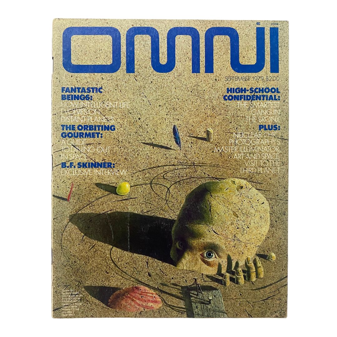 Cover of VTG Omni Magazine September 1979, features The Smartest Gang in The Bronx. Artwork displays a surreal illustration with a prominent human head and colorful geometric elements.