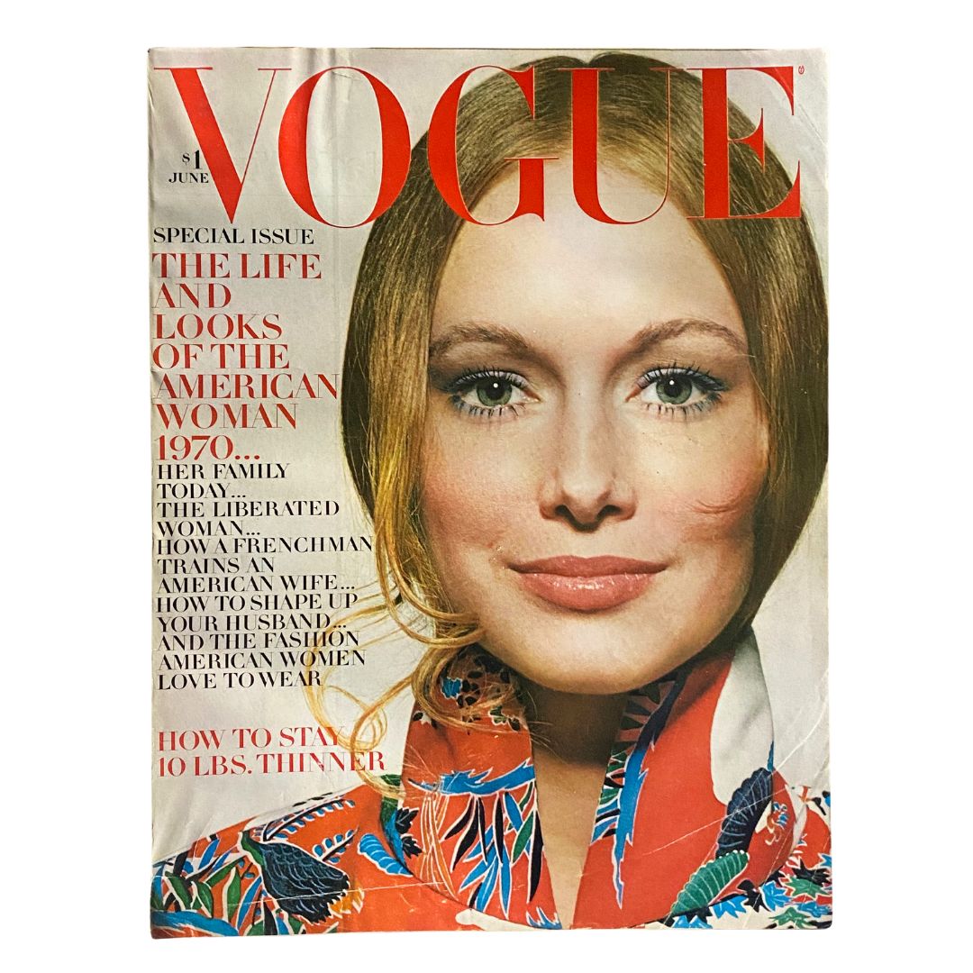 Cover of VTG Vogue Magazine June 1970 featuring a portrait of model Karen Graham styled in vibrant floral attire, reflecting the fashion trends of the era.