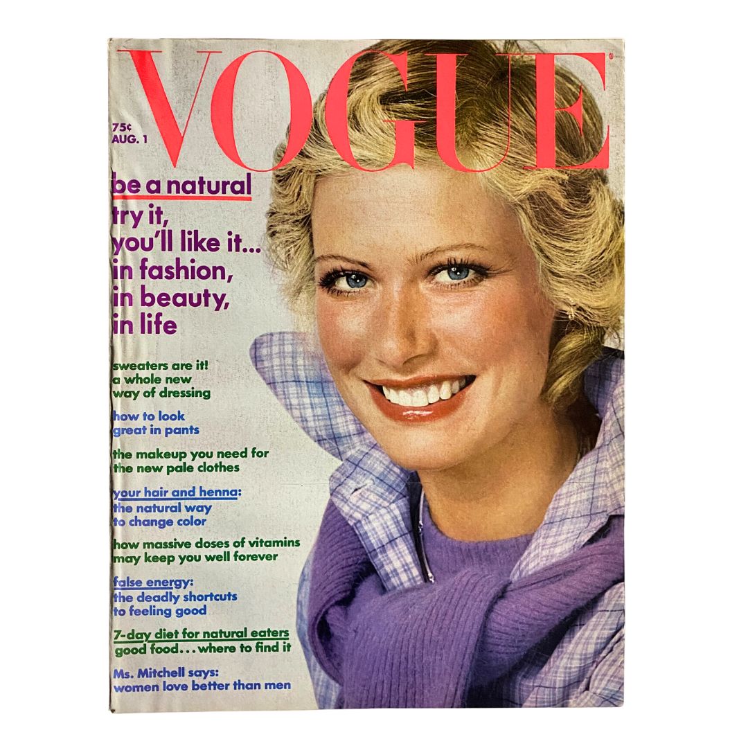 VTG Vogue Magazine August 1 1972 featuring a smiling blonde model on the cover, showcasing articles related to fashion and beauty by Richard Avedon.