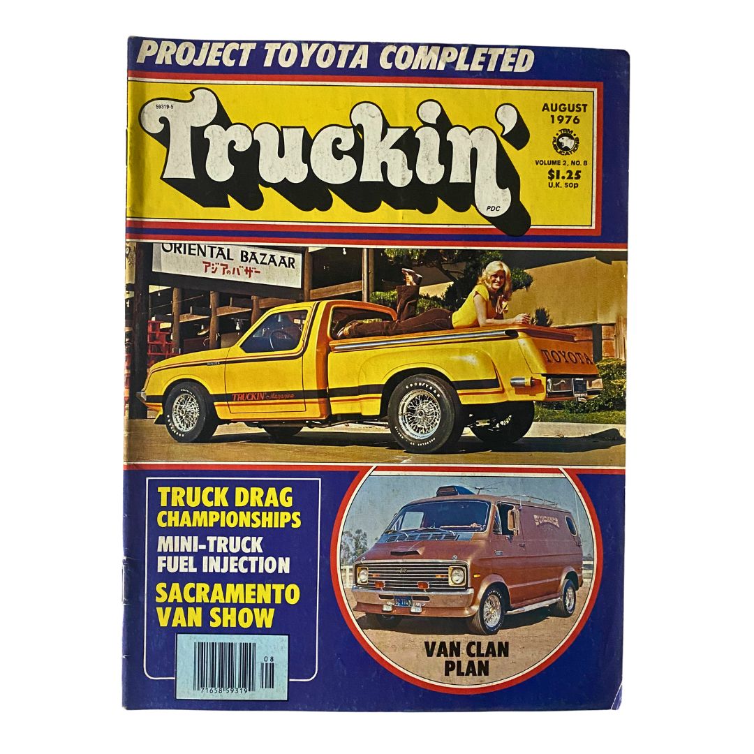 Cover of VTG Truckin' Magazine August 1976, Volume 2, No. 8, featuring a yellow truck and the headline 'Truck Drag Championships.' Includes details on mini-truck fuel injection and the Sacramento Van Show.