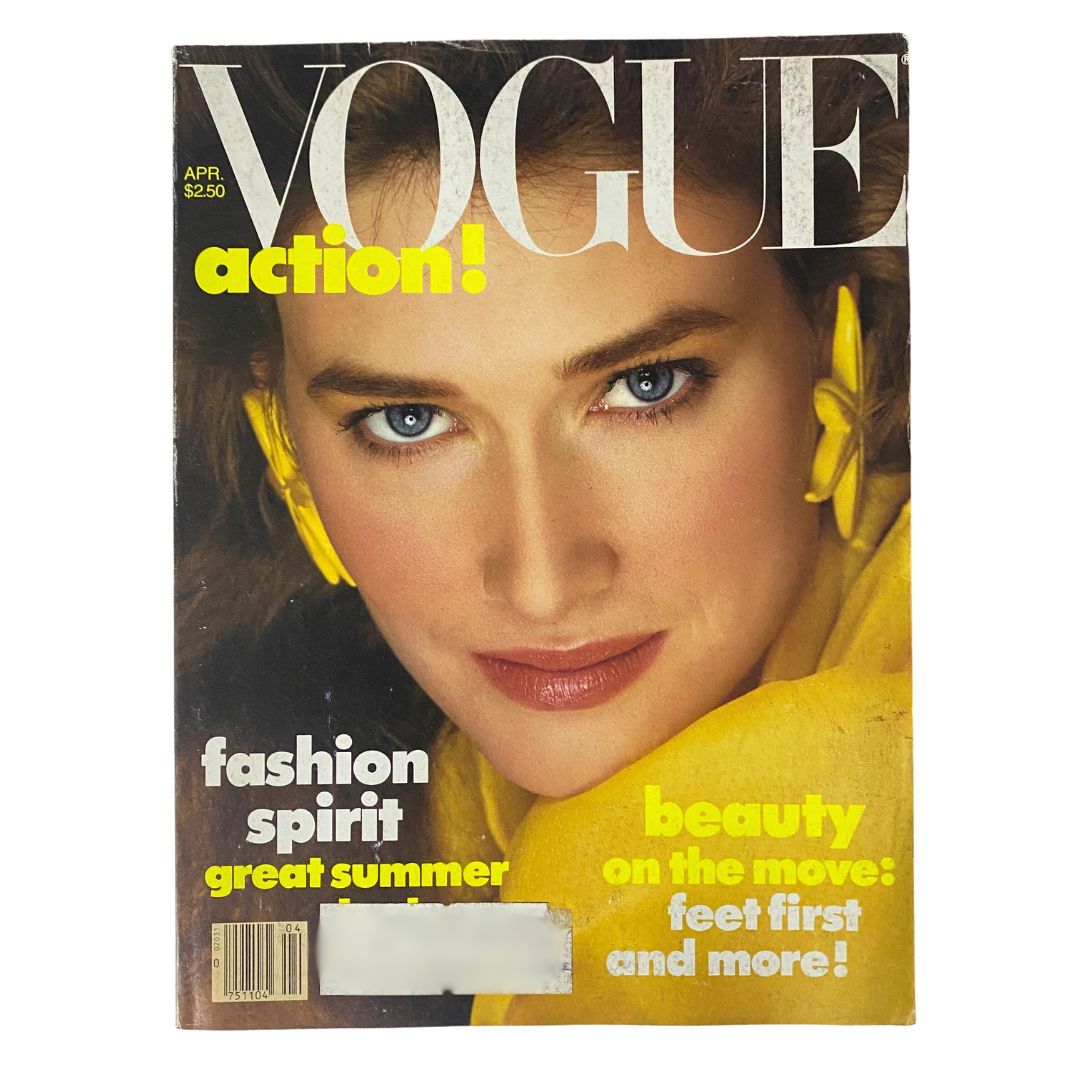VTG Vogue Magazine April 1982 cover featuring Rosemary McGrotha, photographed by Richard Avedon, showcasing 1980s fashion with vibrant colors and bold typography.