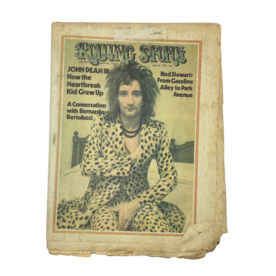 Cover of Rolling Stone Magazine June 21 1973 Issue No. 137 featuring Rod Stewart in a leopard print outfit.
