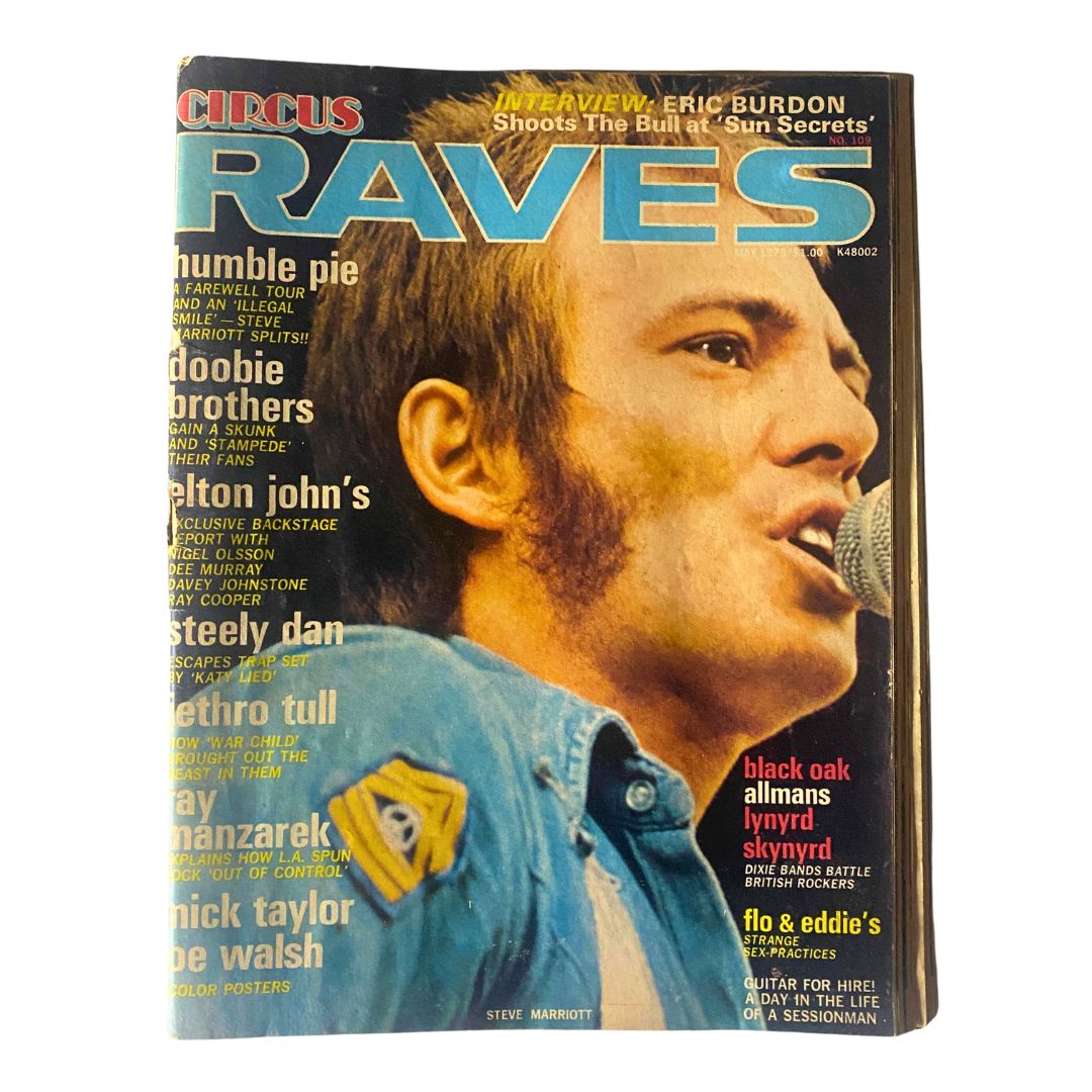 Cover of Circus Magazine, May 1975, No. 109 featuring Steve Marriott, showcasing vibrant color and typography, highlight of vintage rock and circus culture.