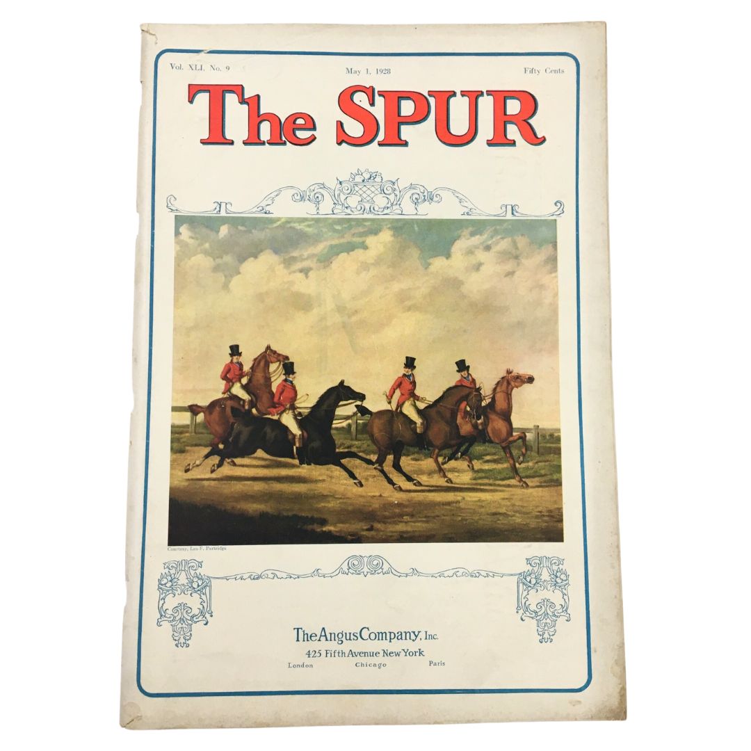 Cover of VTG The Spur Magazine May 1 1928 featuring a colorful illustration of horse riders in period attire.