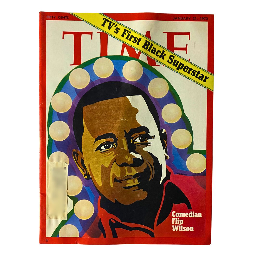 VTG Time Magazine January 31, 1972 featuring Comedian Flip Wilson, TV's First Black Superstar, showcasing a colorful cover illustration.