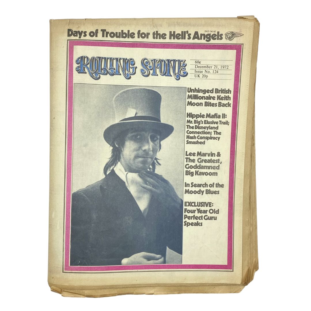 Rolling Stone Magazine December 21 1972 Issue No. 124 featuring Keith Moon on the cover, showcasing a vintage rock and roll theme.
