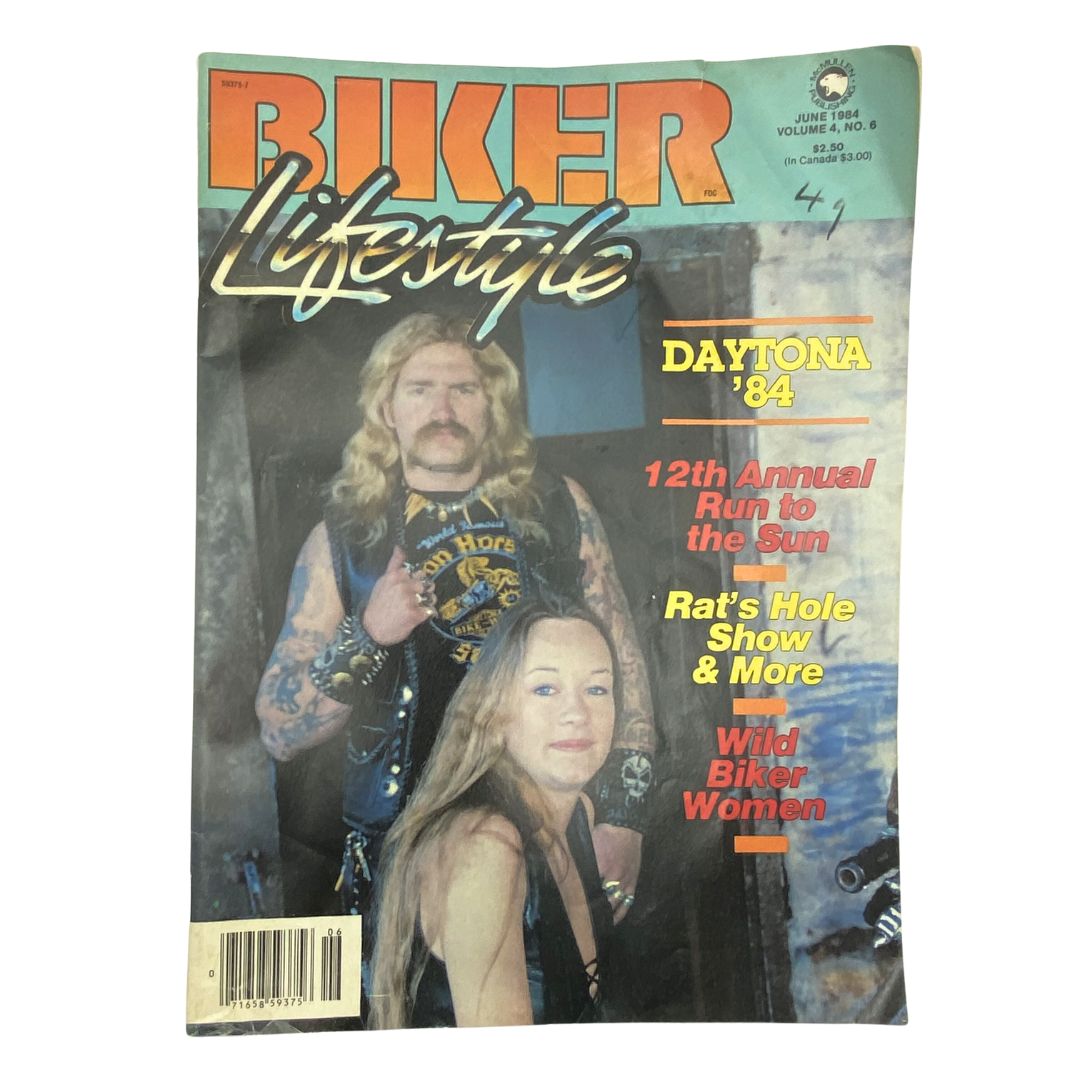 Cover of VTG Biker Lifestyle Magazine June 1984 featuring the title, 'Ol' Ladies of Daytona', showcasing a biker couple and promoting events from Daytona Bike Week.
