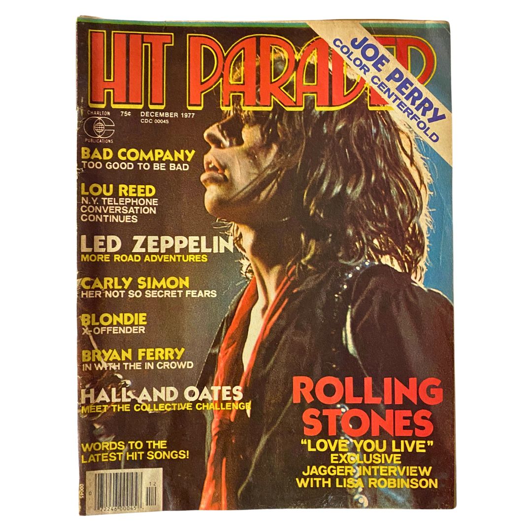 Vintage Hit Parader Magazine, December 1977 issue featuring Mick Jagger on the cover, includes Joe Perry color centerfold, articles on popular artists like Led Zeppelin, Carly Simon, and Blondie.