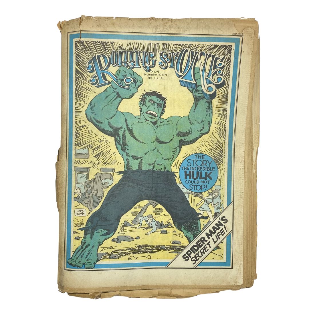 Rolling Stone Magazine September 16, 1971 No. 91 featuring The Incredible Hulk on the cover. The Hulk is depicted in an explosive action pose amidst a comic-style background, showcasing vintage comic art from the 1970s.