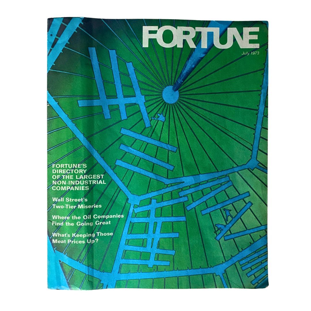 Cover of VTG Fortune Magazine July 1973 featuring the title 'Wall Street's Two-Tier Miseries'. The magazine highlights 'Fortune's Directory of the Largest Non-Industrial Companies' with a vibrant green and blue design.