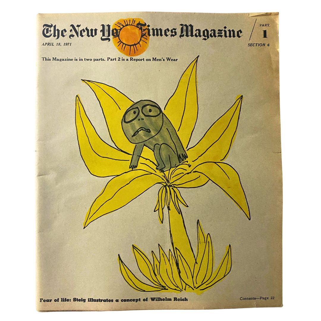 Cover of The New York Times Magazine, April 18, 1971, featuring a unique illustration of a sad character sitting on a large yellow flower, reflecting the article 'Fear of Life'.