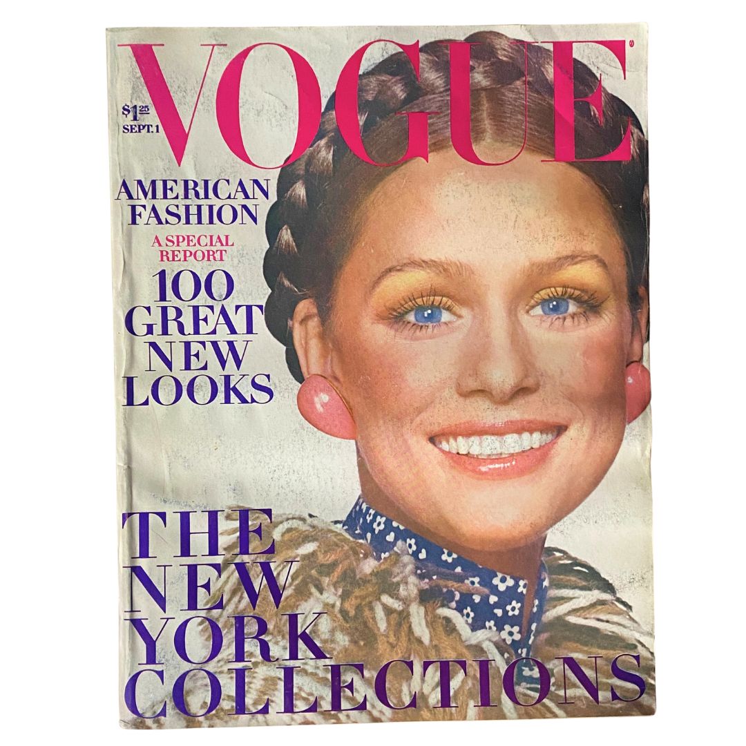 VTG Vogue Magazine September 1 1970 Lauren Hutton Cover featuring a smiling model with braided hair and vibrant makeup, showcasing American fashion and iconic 70s style.