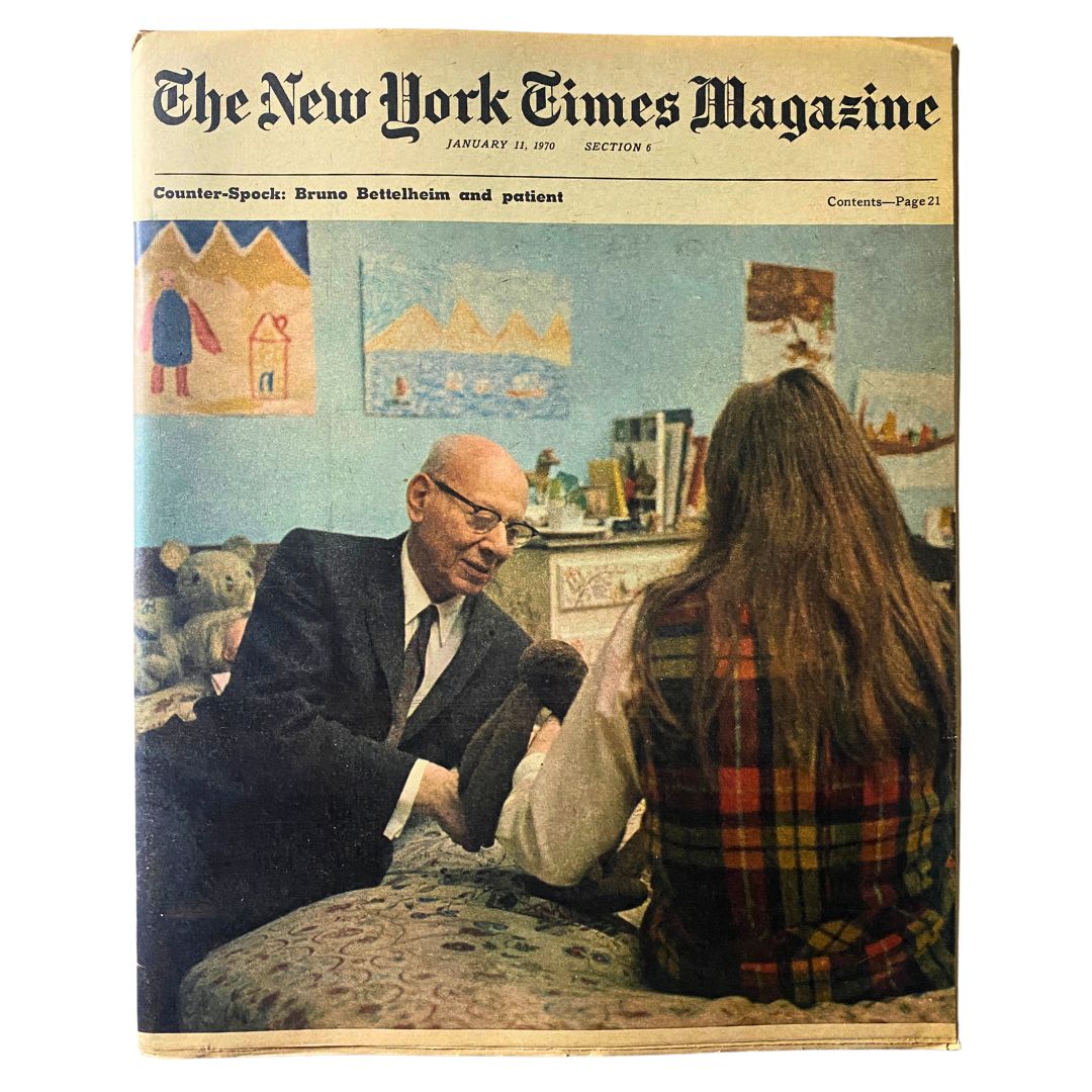 Cover of The New York Times Magazine from January 11, 1970, featuring an article about Bruno Bettelheim with an illustration of him interacting with a patient.