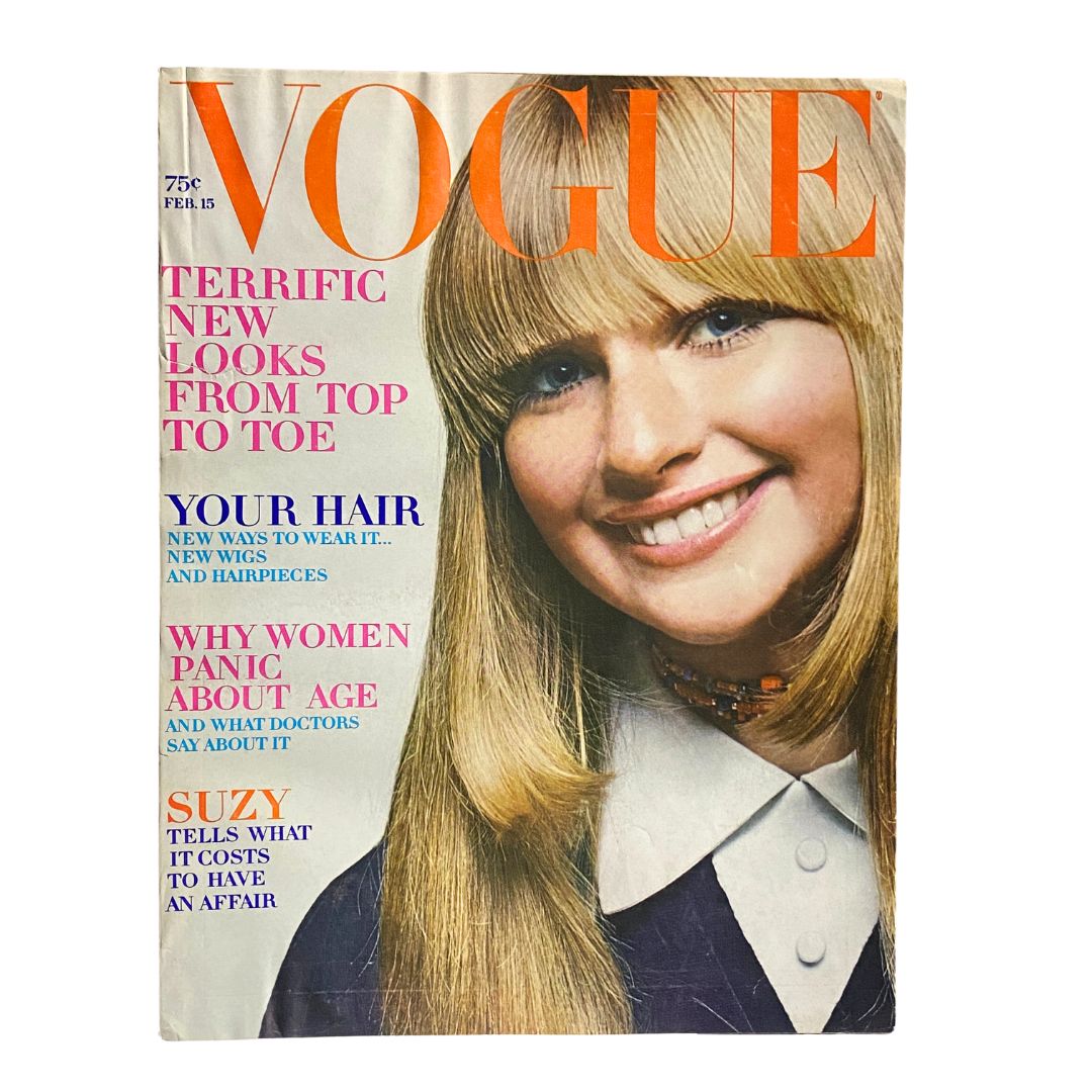 Cover of VTG Vogue Magazine February 15 1970 featuring Lynn Sutherland, showcasing bold typography and vibrant photography.