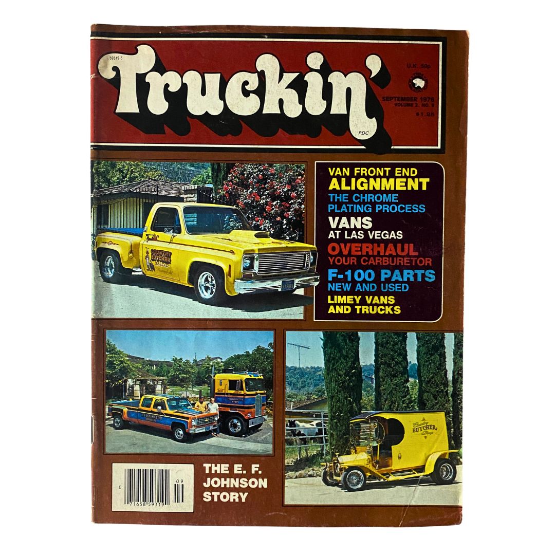 VTG Truckin' Magazine September 1976 cover showcasing van front end alignment, featuring classic yellow truck and detailed articles on automotive culture.
