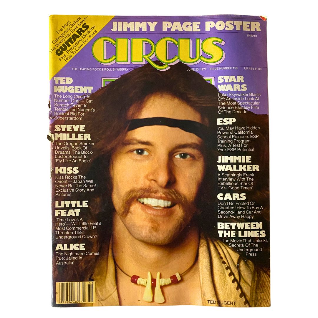VTG Circus Magazine June 23 1977 featuring Ted Nugent on the cover, along with mentions of rock legends like Jimmy Page, Steve Miller, and KISS, showcasing a vintage music memorabilia collectible.