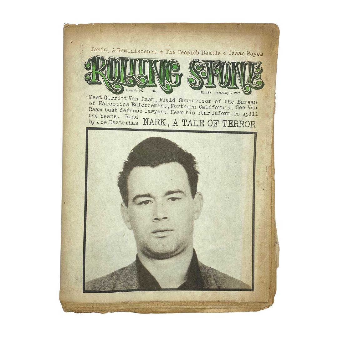 Cover of Rolling Stone Magazine February 17, 1972, Issue No. 102 featuring Gerritt Van Raam, highlighting his role as Field Supervisor of the Bureau of Narcotics Enforcement in Northern California.
